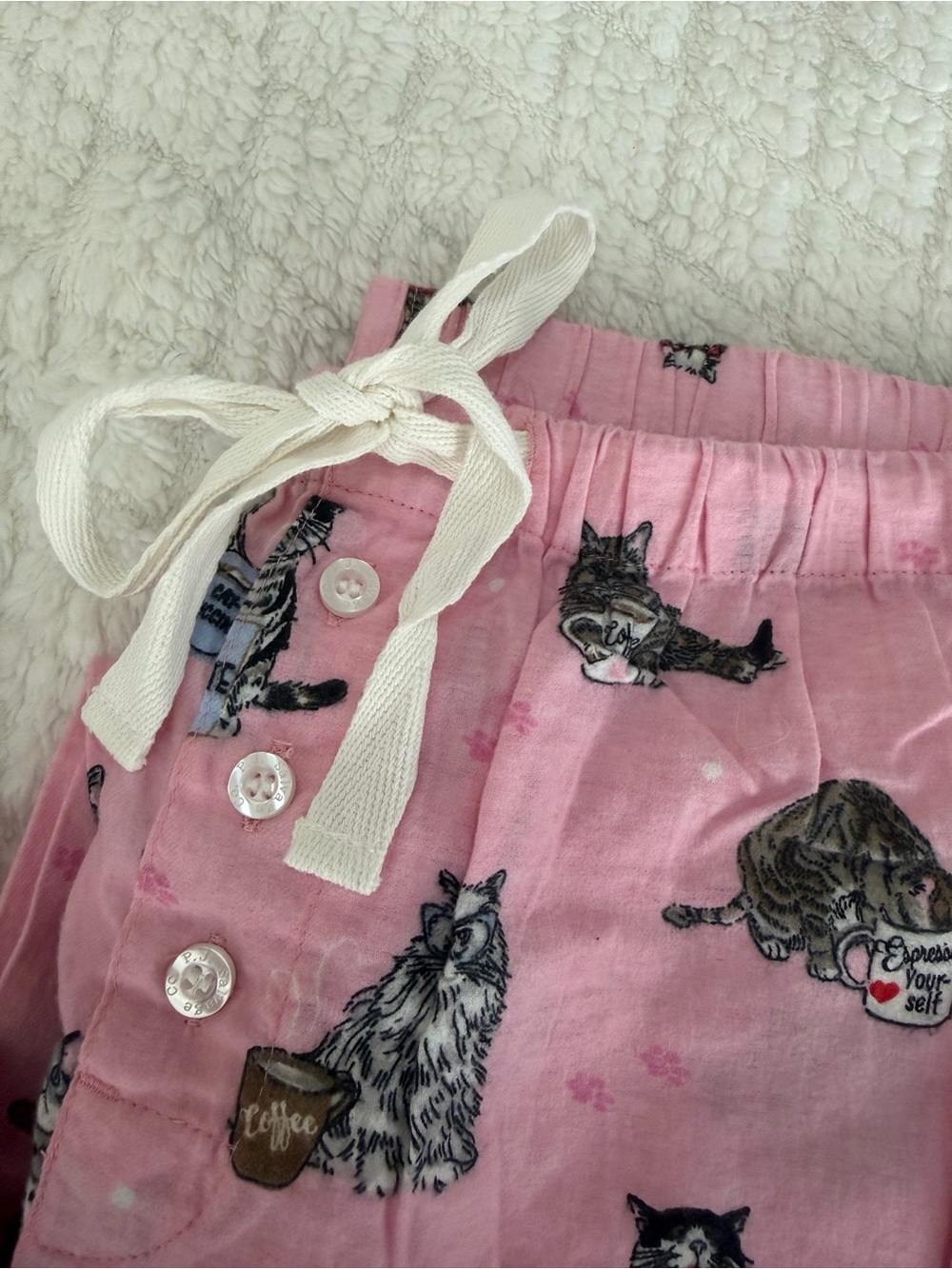 PJ Salvage Lightweight Flannel Pajama Set Cats Coffee Pink Womens M Button front - Picture 4 of 10